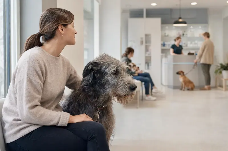 Ein Schottischer Hirschhund sitzt ruhig neben seinem Besitzer im hellen Wartezimmer einer modernen Tierarztpraxis.